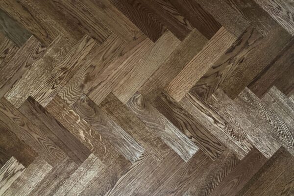 Herringbone hardwood floor installation, staining and finishing